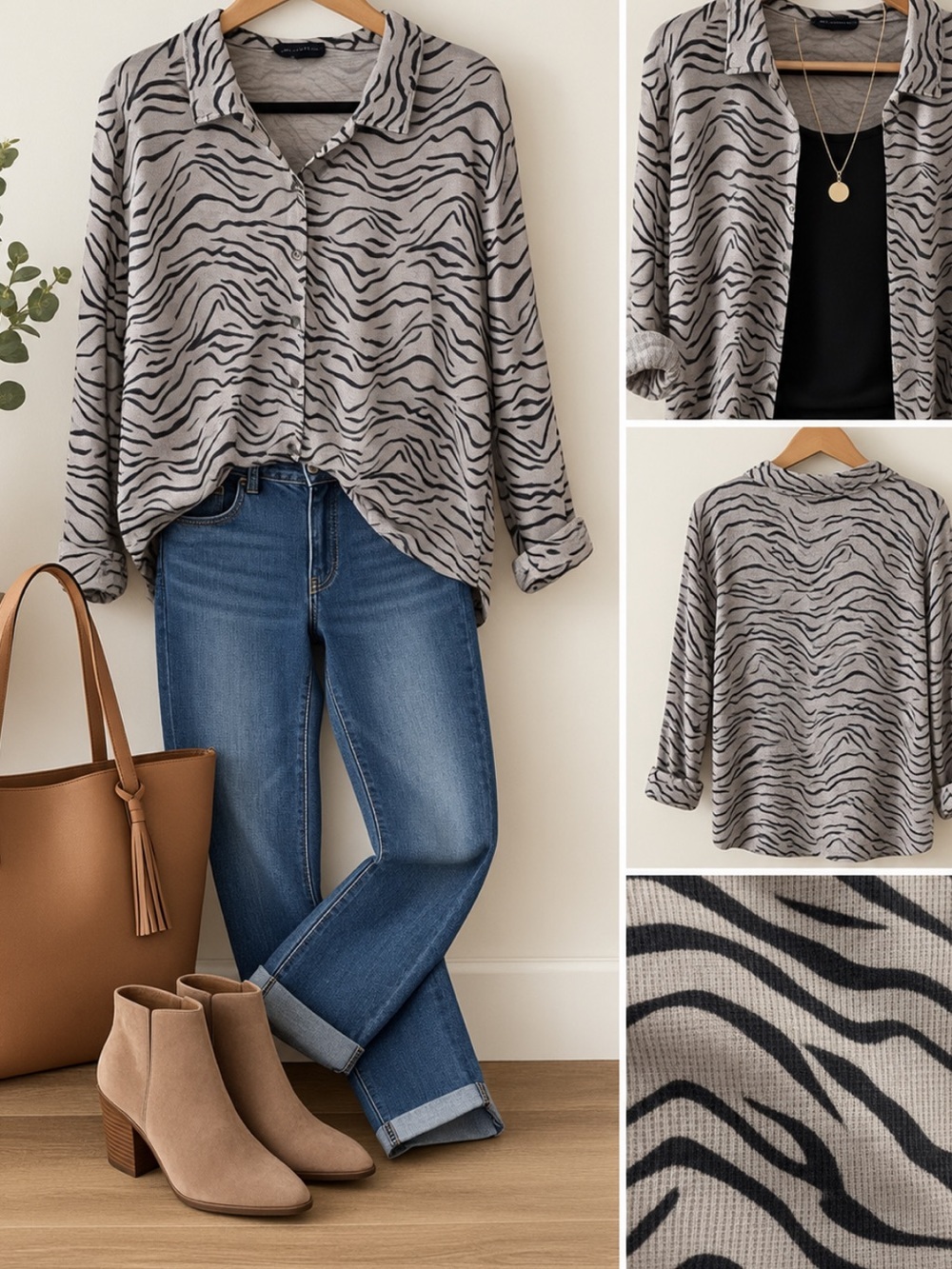 Jane + Delancey XL Zebra Animal Print Button Front Blouse Long Sleeve Collared